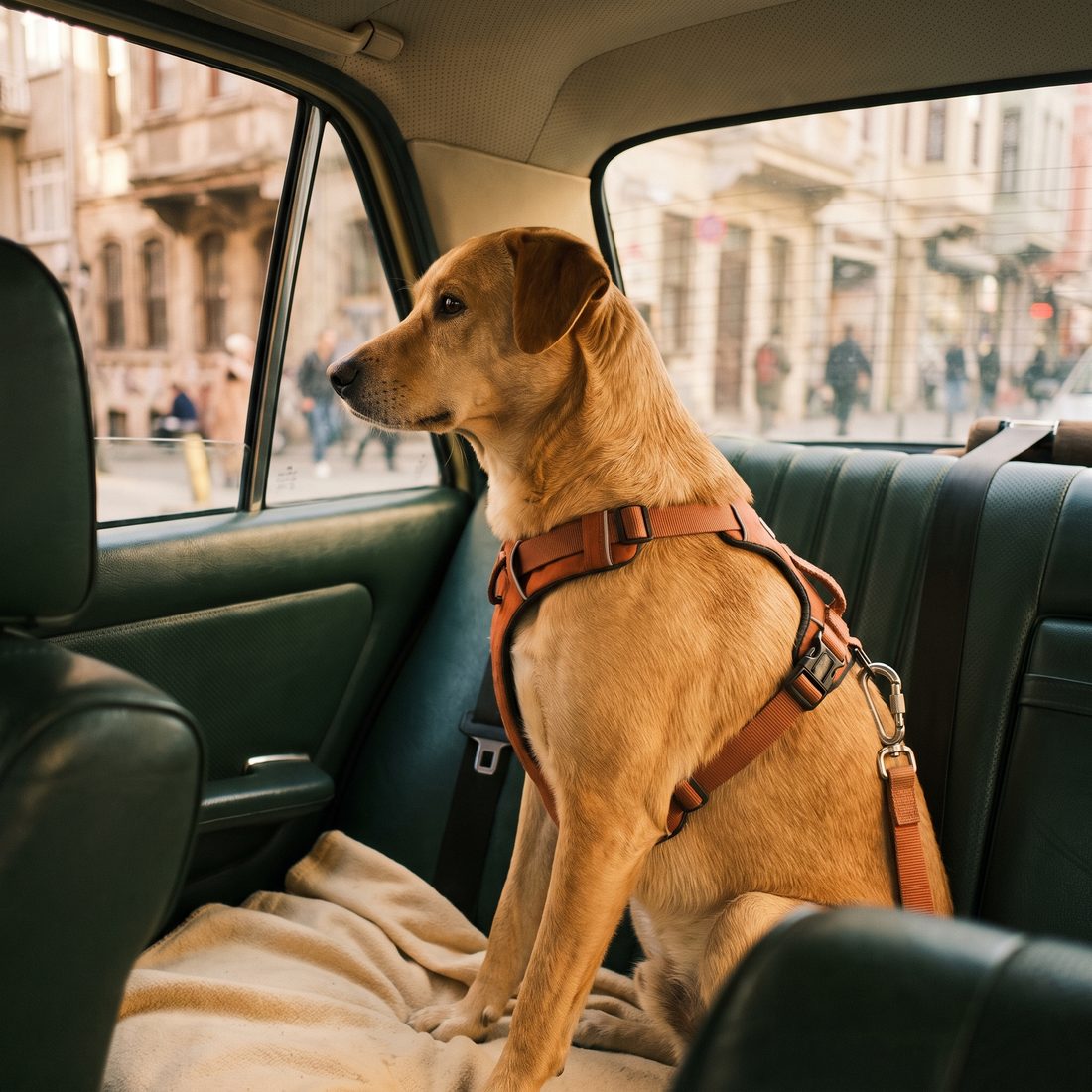 Terracotta renginde emniyet koşumu takılı, koşumun arkasındaki karabina emniyet kemeri tokasına bağlanmış sakin bir köpek, araç camından İstanbul sokağına bakıyor.